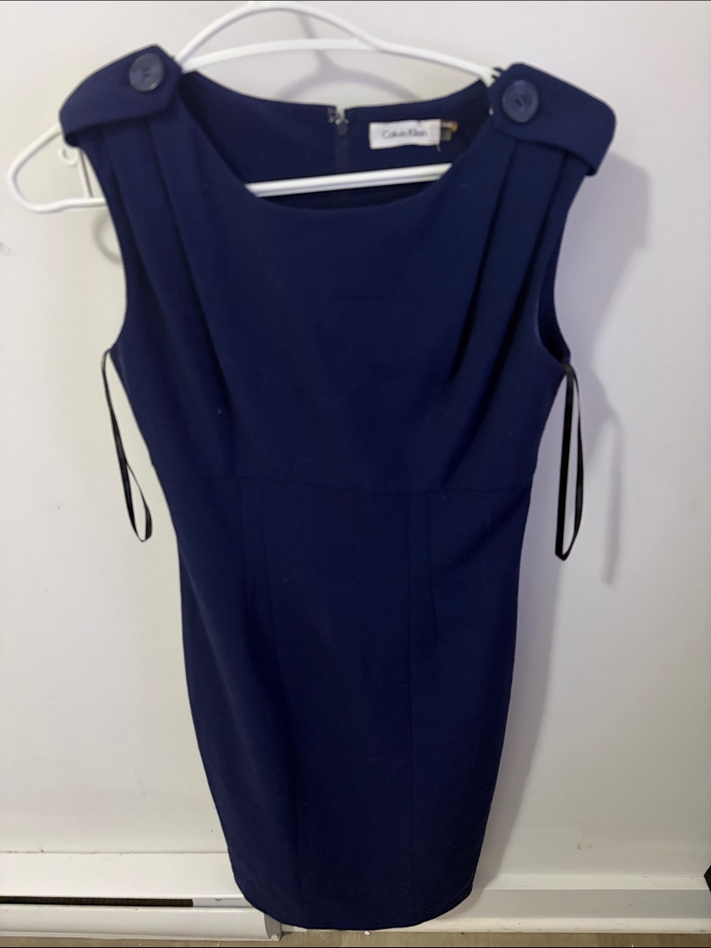 Calvin Klein Navy Sheath Dress with Button-Tab Shoulders